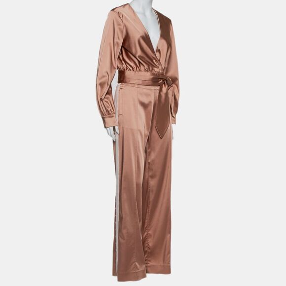 Jonathan Simkhai Salmon Pink Crepe Satin Wrap Crop Top & Wide Leg Track Pants - Picture 2 of 7